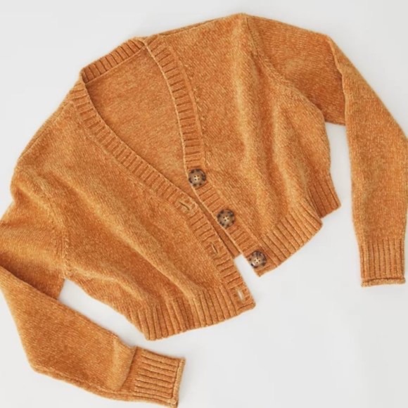 ⭐UO Maura Chenille Cropped Cardigan gold orange XS - Picture 11 of 11